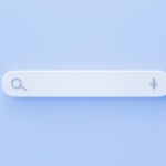Mavi arka plan üzerinde beyaz arama çubuğu bulunan web arama motoru, 3D render